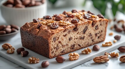 Delicious home baked walnut and coffee loaf on a marble surface