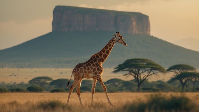 Giraffe navigating the savannah with a prominent geological feature in the background.