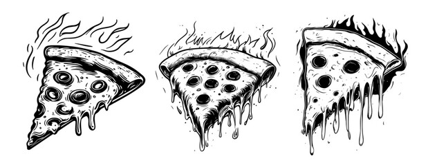 melting pizza slices in sketchy grunge black and white vector style