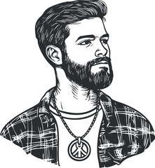 Black and white illustration of a confident bearded man wearing a plaid shirt and peace symbol necklace