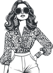 Black and white illustration of a stylish confident woman wearing large sunglasses and patterned blouse