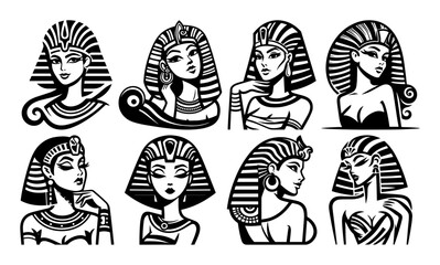 pharaoh queen faces set in historical black and white outline vector