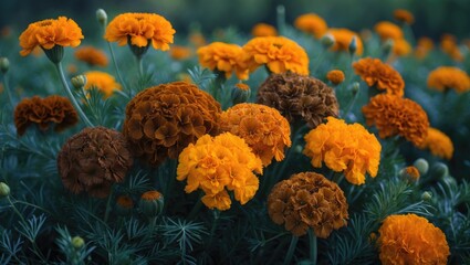 Shining orange marigolds thriving in an open field.