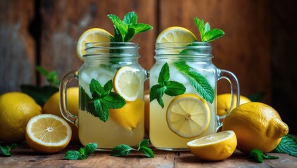 Two rustic mason jar glasses of lemonade resting on a vintage background