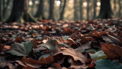 The ground of the forest is covered by a layer of fallen leaves, displaying colors from brown through to red.