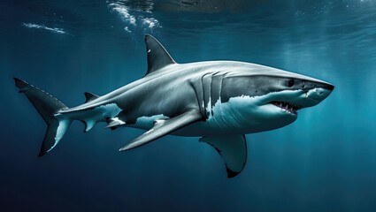 Fototapeta premium A predator great white shark navigating the sea for sustenance.