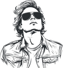 Black and white sketch illustration of a confident young man wearing sunglasses and a denim jacket looking upward.