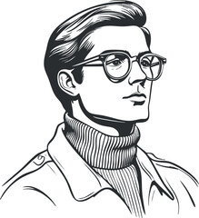 Black and white illustration of a stylish young man wearing glasses and a turtleneck jacket in profile view