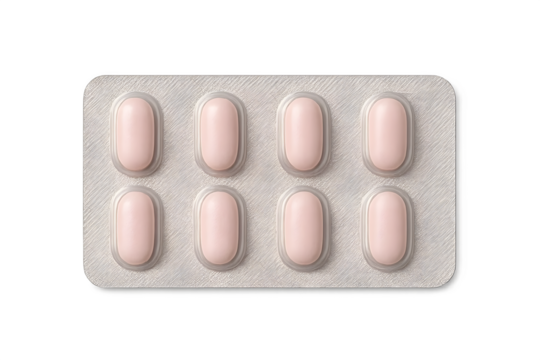 A blister pack containing pink oval-shaped tablets. Concept Pharmaceutical Packaging, Pink Oval Tablets, Blister Pack Design, Medication Dosage, Consumer Safety
