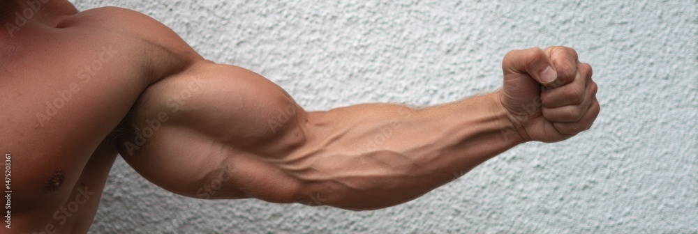 Poster triceps flexing against a faded wall showcasing muscle definition and strength in a studio setting