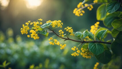 Obraz premium Macro shot of a branch showcasing soft yellow blossoms amidst verdant leaves
