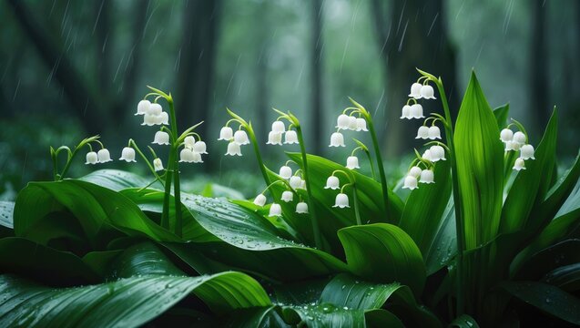 Lily of the valley blossoms on a rainy day