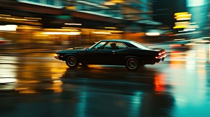 Classic coupe speeding through a rainy city, reflections on wet streets, motion blur, mirrorless camera, 24mm lens, evening, cinematic photography, high-speed film.
