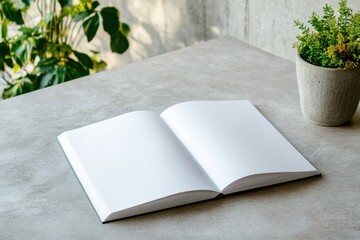Open blank notebook on a modern table next to a potted plant in a bright indoor space during daytime