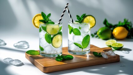 Tropical mojito drinks with lemon, lime, mint, and ice served on a wooden board for a refreshing summer vibe