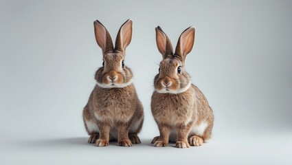 Fototapeta premium On a white background, two tiny brown rabbits are sitting separately.