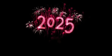 Fireworks spell out the new year 2025.  Sparkling pink numbers are formed by bursts of fireworks against a black background