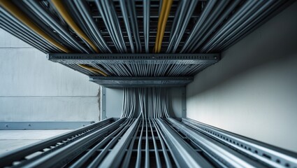 Electrical conductor tray installed in building walls and ceiling for efficient power distribution between panels and equipment on different floors, showcasing contemporary engineering.