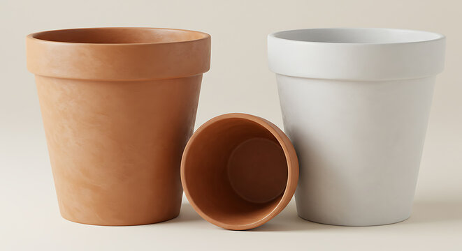 Three flower pots, terracotta and white, still life composition for home decor, gardening blogs, and e-commerce visuals