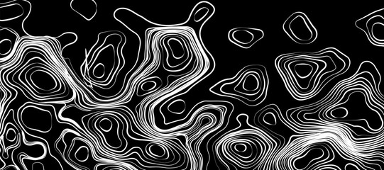 Minimalist topographic map design featuring black contour lines on a matte black background, subtle lighting and shadow effects to highlight elevation changes, abstract and modern aesthetic.
