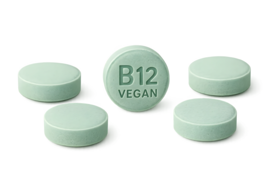 A group of mint-green vegan B12 vitamin tablets, with one prominently displayed in the center. Concept Vegan B12 Tablets, Mint-Green Color, Central Focus, Health Supplements, Nutritional Support