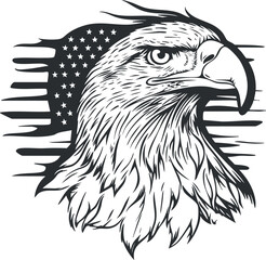 Black and white illustration of a bald eagle head with American flag background symbolizing patriotism and freedom