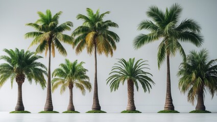 Fototapeta premium Isolated small coconut and palm trees set on white background, intended for architectural and decoration work, suitable for natural articles on print and online platforms.
