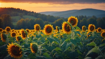 Obraz premium Natural background featuring a vivid sunset over a sunflower field