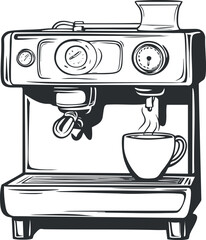 Black and white line art illustration of an espresso coffee machine brewing a hot cup of coffee
