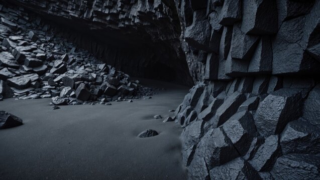 Columnar basalt and black hexagonal volcanic rock within the cave wall on the black sand beach