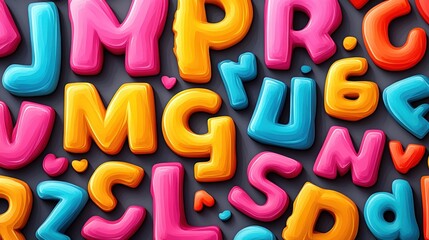 Colorful, 3D, textured letters, in a variety of colors, on a dark gray background.  A fun, playful pattern