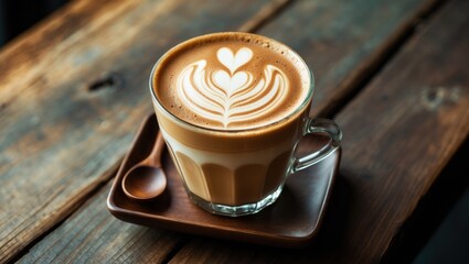 Light-filled cafe scene with chocolate and milk in a cup.