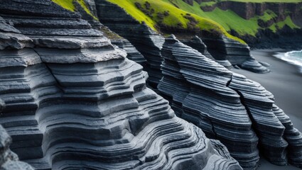 Intimate perspective of basalt sea stacks along Iceland's Black Sand Beach