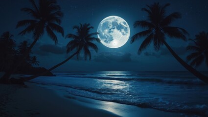 Serene tropical seaside scene at midnight with moonlit sky, silhouette trees, and tranquil waters
