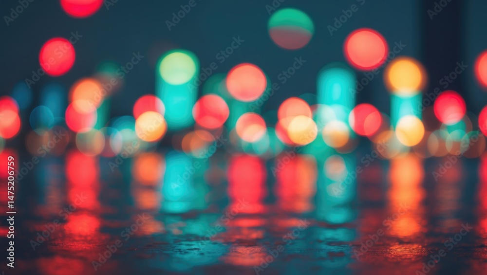 Poster Dark urban background with bright, round bokeh and glowing reflections