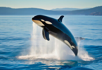Fototapeta premium Amazing orca whale breaching in ocean water wildlife animal marine mammal nature view