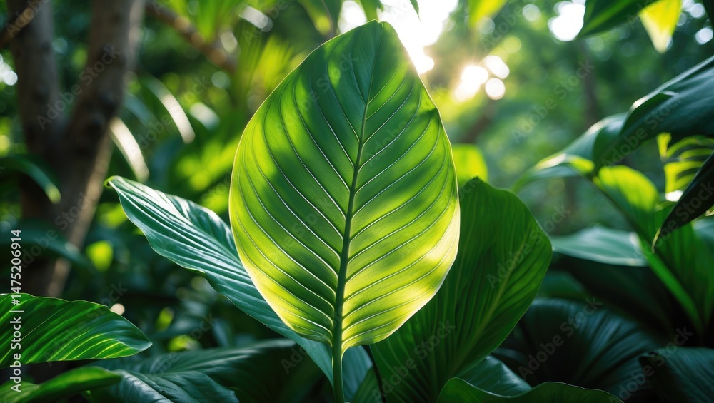 Poster bright and dark green tropical leaves in a natural environment, highlighting their textured patterns