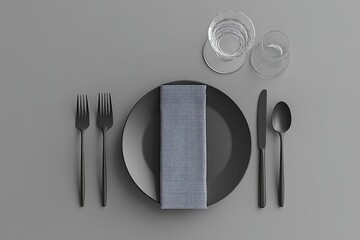 Minimalist table setting with black plate, silverware, and blue linen napkin