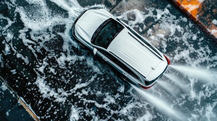 White SUV car in carwash, top view.