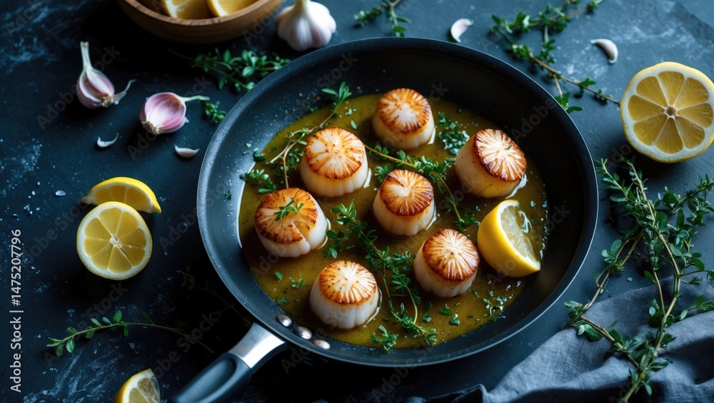 Poster flavorful scallops served with sauce in a skillet with ingredients presented on a textured table