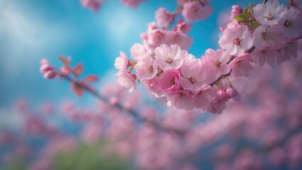 Cherry blossoms in full bloom during spring with a blue sky backdrop.