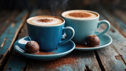 Two dark mugs containing hot coffee with foam on a natural wooden surface background