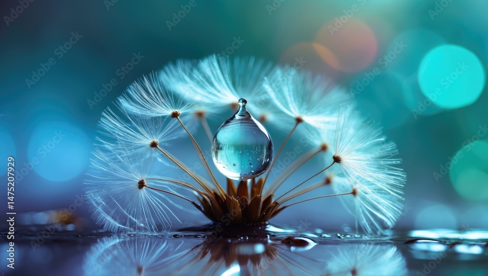 Poster Captivating macro view of a water bead on a dandelion seed in nature. Bright and expressive artistic visualization.