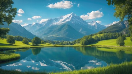Fototapeta premium Vast vista of an enchanting summer setting with a transparent mountain lake and fresh green pastures in the rear