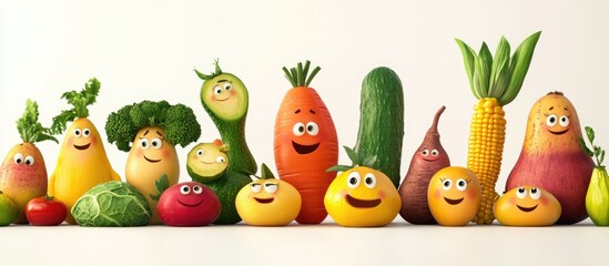 Happy cartoon vegetables and fruits smiling.