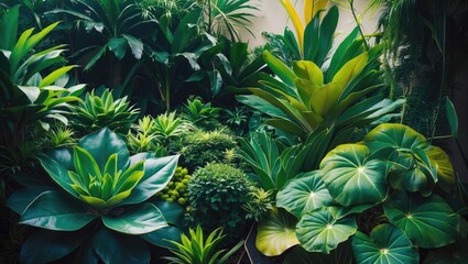 Obraz premium Garden scene with tropical shrubs and a variety of green foliage plants, creating a lush landscape