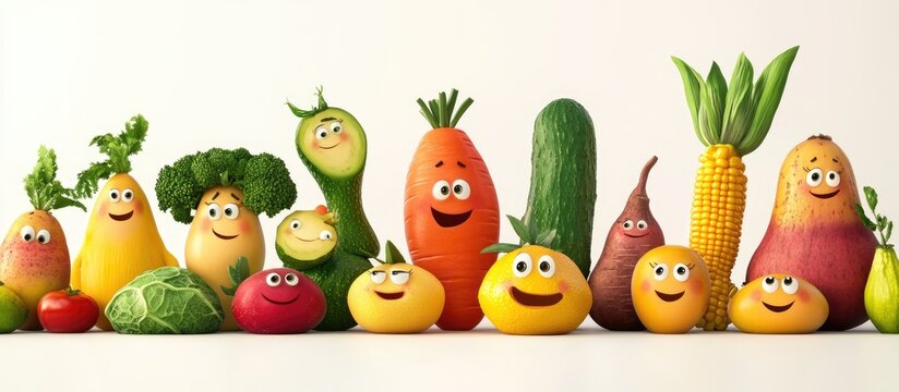 Happy cartoon vegetables and fruits smiling.