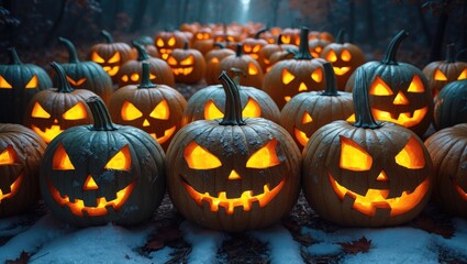 Obraz premium Many isolated pumpkins displaying carved scary faces, in a collection on white.