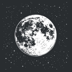Detailed black and white illustration of the full moon surrounded by stars in the night sky