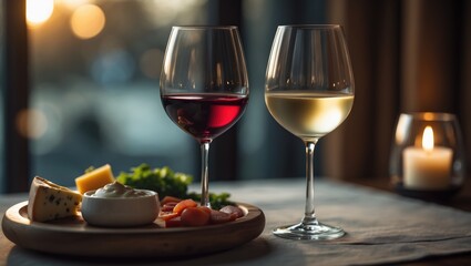 Naklejka premium Outdoor winery setting with two wine glasses, candle, and vineyard background in summer